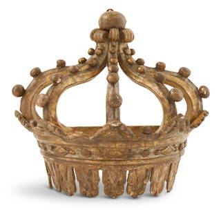 Italian Carved and Silver-Gilt Wooden Corona: Italian Carved and Silver-Gilt Wooden Coronaearly 19th century, the pierced crown-form corona with a spherical finial, the "ribs" set with cabochons and the lower portion with carved "fringe".h. 19-3/