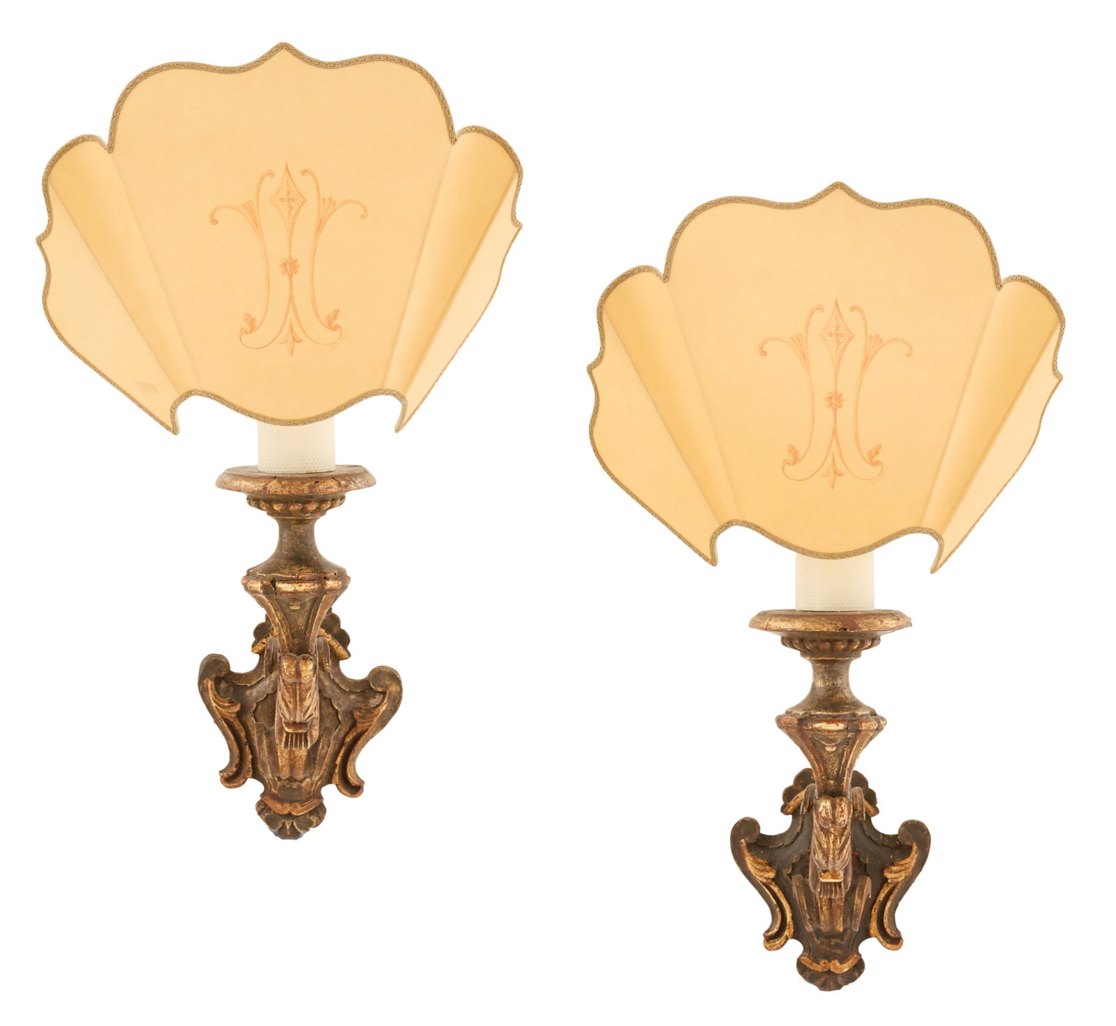 Pair of Monumental Italian Parcel-Gilt Sconces: Pair of Monumental Italian Parcel-Gilt Wooden Sconces 19th century, the painted and gilt-trimmed Baroque-style sconces with shield-form backplates and bold, scrolled arms accented with carved leaves, 