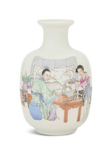 Chinese Famille Rose Vase: Chinese Famille Rose VaseRepublic Period (1912-1949), the vases with beautifully rendered decoration of a pair of figures drinking tea at a low table, with a four-character furen Tiang zhi seal mark.h