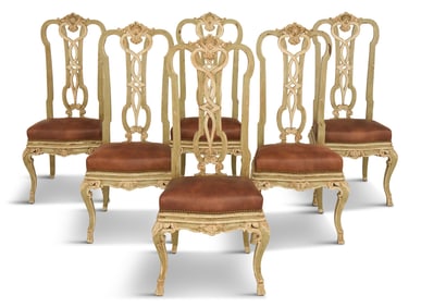 Six Italian Wood and Leather Dining Chairs