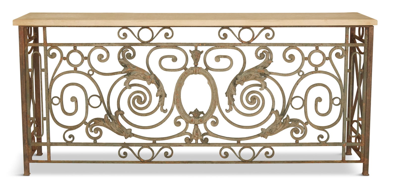 Iron and Travertine Console Table: Iron and Travertine Console Table20th century, the balcony-form table with a thick conforming travertine top over a three-quarter iron frame with scrollwork and leaf motifs.h. 40", w. 90", d. 20"