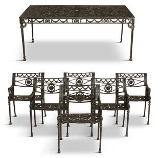 Seven-Piece Metal Dining Set, Attributed to Molla: Seven-Piece Metal Dining Set, Attributed to Molla20th century, including six chairs, each with a pierced back crest decorated with a border of swagging, over a star-form medallion and pierced lozenge,