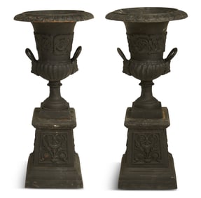 Pair of Cast-Metal Garden Urns on Stands