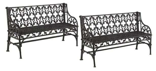 Pair of Gothic Revival Cast-Iron Garden Benches