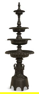 Aluminum Four-Tier Garden Fountain: Aluminum Four-Tier Garden Fountain20th century, after a design by J.W. Fiske, the graduated basins decorated with egg-and-dart rims, raised on fluted standards, the base with swans standing in foliage