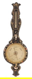 English Papier-Mache Barometer: English Papier-Mache Barometersecond quarter 19th century, the banjo-form barometer with a papier-mache case inlaid with mother-of-pearl scrollwork and flowers, the silvered dial signed "D Cattaneo &