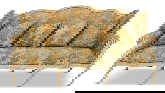 Venetian Polychrome and Parcel-Gilt Sofa: Venetian Polychrome and Parcel-Gilt Sofa18th century, the carved and molded back frame joined by wings on each side, with scroll-carved arm fronts and raised on cabriole legs, covered in a foliate Aub