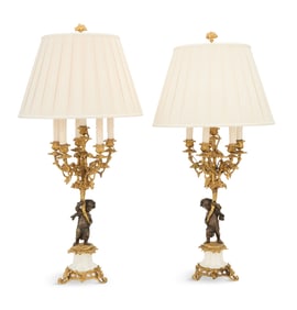 Pair of French Bronze and Marble Lamps