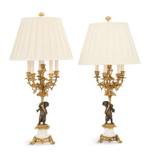 Pair of French Bronze and Marble Lamps: Pair of French Bronze and Marble Lampsthird quarter 19th century and later, each lamp composed of a Napoleon III five-light candelabrum with gilt-bronze ivy-molded candle sockets and drip pans, on mat