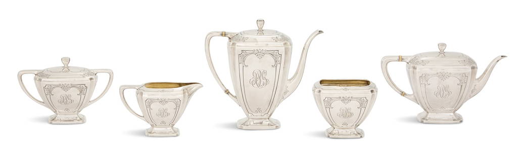 Whiting Sterling Silver Tea Set: Whiting Sterling Silver Tea Set1915, Providence, Rhode Island, model 8765A, including:a coffeepot, h. 9", l. 9-1/2";a teapot, h. 6-1/4", l. 10";a covered sugar bowl, h. 5-1/2", l. 7-1/2";a cream jug,