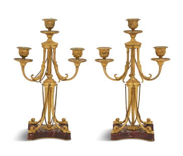 Napoleon III Gilt-Bronze and Marble Candelabra: Pair of French Napoleon III Gilt-Bronze and Marble Candelabrathird quarter 19th century, in the Renaissance Revival taste, the candle cups decorated with beading and swagging, on reeded arms accented