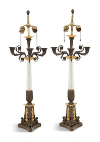 Pair of Regency-Style Bronze and Cut-Glass Lamps