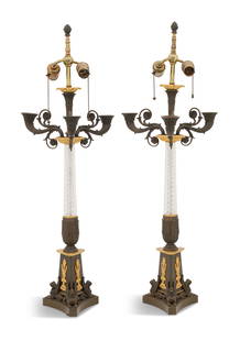 Pair of Regency-Style Bronze and Cut-Glass Lamps: Pair of Regency-Style Bronze and Cut-Glass Lampseach in the form of a candelabrum with three cornucopia-form candle arms emanating from a cut-glass standard, set with gilt-bronze capitals and lotus-mo