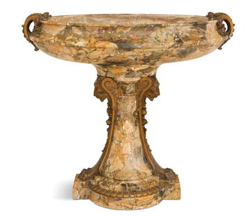 Palatial Sarrancolin d'Auch Marble Jardiniere: Palatial Napoleon III Sarrancolin d'Auch Marble and Bronze Jardiniereca. 1800, the oval carved marble jardiniere mounted with pierced leaf-molded bronze handles, the tapered base with monopodia on eac
