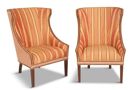 Pair of Barrel-Back Wing Chairs: Pair of Barrel-Back Wing Chairs20th century, each covered in silk striped fabric and trimmed with brass tacking, raised on tapered square legs.h. 43", w. 30-1/2", d. 34"