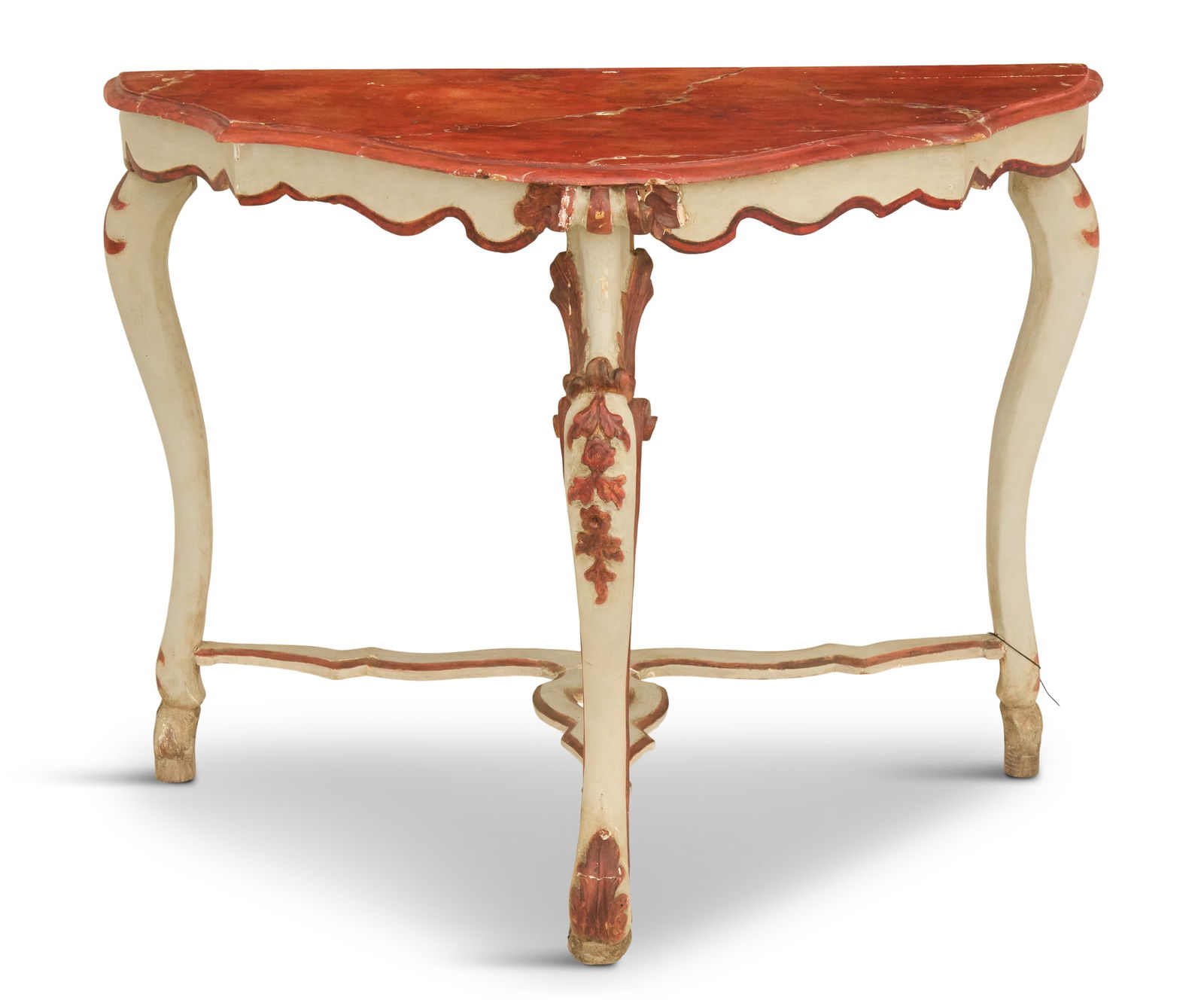 Italian Polychrome and Faux Marbre Console Table: Italian Polychrome and Faux Marbre Console Table18th century, the conforming faux rouge royal marble top above scalloped aprons, raised on cabriole legs joined by shaped stretchers.h. 31-1/2", w. 40",