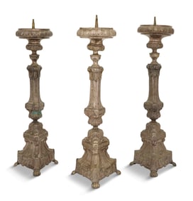 Three French Silvered Brass Altar Sticks