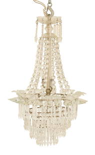 Petite French Crystal Chandelier: Petite French Crystal Chandelierfirst quarter 20th century, the two-light chandelier set with a standard clad in spiral-reeded crystal, the basket-form base hung with strands of crystal prisms and spe