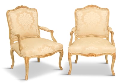 Pair of Polychrome and Parcel-Gilt Fauteuils