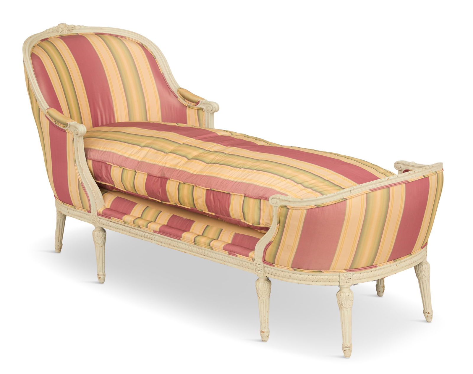 Louis XVI-Style Polychrome Chaise Longue: Louis XVI-Style Polychrome Chaise Longueearly 20th century, the carved and molded frame with scrolled hand grips, fitted with a reversible seat cushion and raised on turned legs with acanthine carving