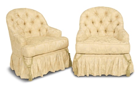 Pair of Silk-Upholstered Boudoir Club Chairs