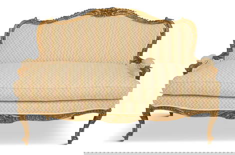 Louis XV-Style Giltwood Settee: Louis XV-Style Giltwood Setteefirst quarter 20th century, the carved frame with shell and rocaille details, with a reversible seat cushion and raised on cabriole legs ending in scrolled toes.h. 34", w