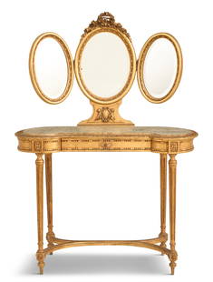 Giltwood and Marble-Top Dressing Table: Giltwood and Marble-Top Dressing Tablefirst quarter 20th century, in the Louis XVI-style, the upper section with three hinged, oval beveled mirrors, mounted to a kidney-form base with an inset Vert d'