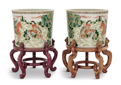 Pair of Chinese Porcelain Tree Tubs on Stands