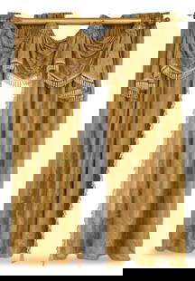Six Pairs of Curtains with Giltwood Rods: Six Pairs of Curtains with Giltwood Rodsthe reeded giltwood rods set with vasiform finials, draped with dramatic swags and jabots, the gold and green silk lampas curtains trimmed with gold bobbin-form
