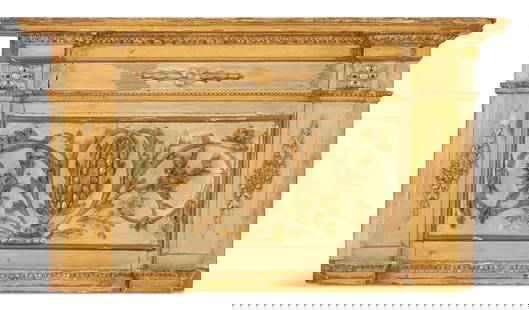 French Painted and Giltwood Supraporte: French Painted and Giltwood Supraporteca. 1800, the panel with an overhanging cornice ornamented with egg-and-dart carving, the primary tablet painted white with an oval gilt floriform ornament framed