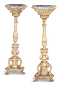 Faux Lapis and Silver-Giltwood Torchere Stands