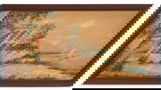George Gabin (US, 1931-2012): George Gabin(American, 1931-2012)"Villa on the Coast"acrylic and oil on canvassigned lower right.Framed.24" x 48", framed 28-1/2" x 52-1/2"