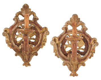 Pair of Italian Parcel-Gilt Wooden Sconces