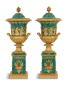 Pair of Malachite and Gilt-Bronze Urns