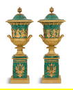Pair of Malachite and Gilt-Bronze Urns
