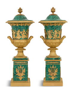 Pair of Malachite and Gilt-Bronze Urns: Exceptional Pair of Malachite and Gilt-Bronze Covered Urns19th century, possibly Russian, the campana-form urns with ogee covers set with cone-form knops, over malachite bodies with "Dancing Hours" mo
