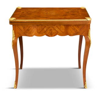 Kingwood and Marquetry-Inlaid Games Table: Kingwood and Marquetry-Inlaid Games Tablefirst quarter 20th century, the Louis XV-style table branded "JEANSELME", the fold-open top with gilt-bronze corner mounts, opening to a leather-covered playin