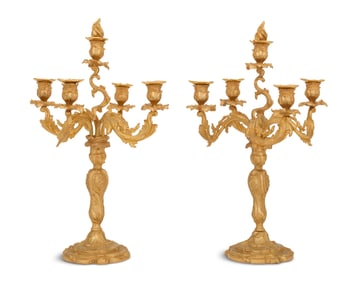 Pair of Gilt-Bronze Five-Light Candelabra
