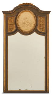 French Belle Epoque Parcel-Gilt Pier Mirror: French Belle Epoque Parcel-Gilt Wooden Pier Mirrorfourth quarter 19th century, the arched crest trimmed with giltwood roses, the oval-shaped center medallion decorated with putti riding a dolphin, fla