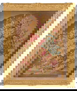 Handsome Framed Aubusson Tapestry: Handsome Framed Aubusson Tapestry19th century, the tapestry with a rich floral still life in a low urn, on a marble plinth, in a Louis XV-style giltwood frame decorated with scrollwork and anthemia, o