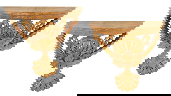 Pair of English Regency Revival Giltwood Brackets: Pair of English Regency Revival Giltwood Bracketsca. 1900, the hemispherical shelves with ogee edges, on carved and pierced supports decorated with lotus blossoms, with putty-colored painted accents.h