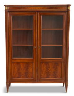 French Double-Door Mahogany Bibliotheque: French Double-Door Mahogany Bibliothequefirst quarter 20th century, in the Directoire taste, the pair of glazed and paneled doors with figured mahogany veneers, flanked by fluted pilasters to each sid