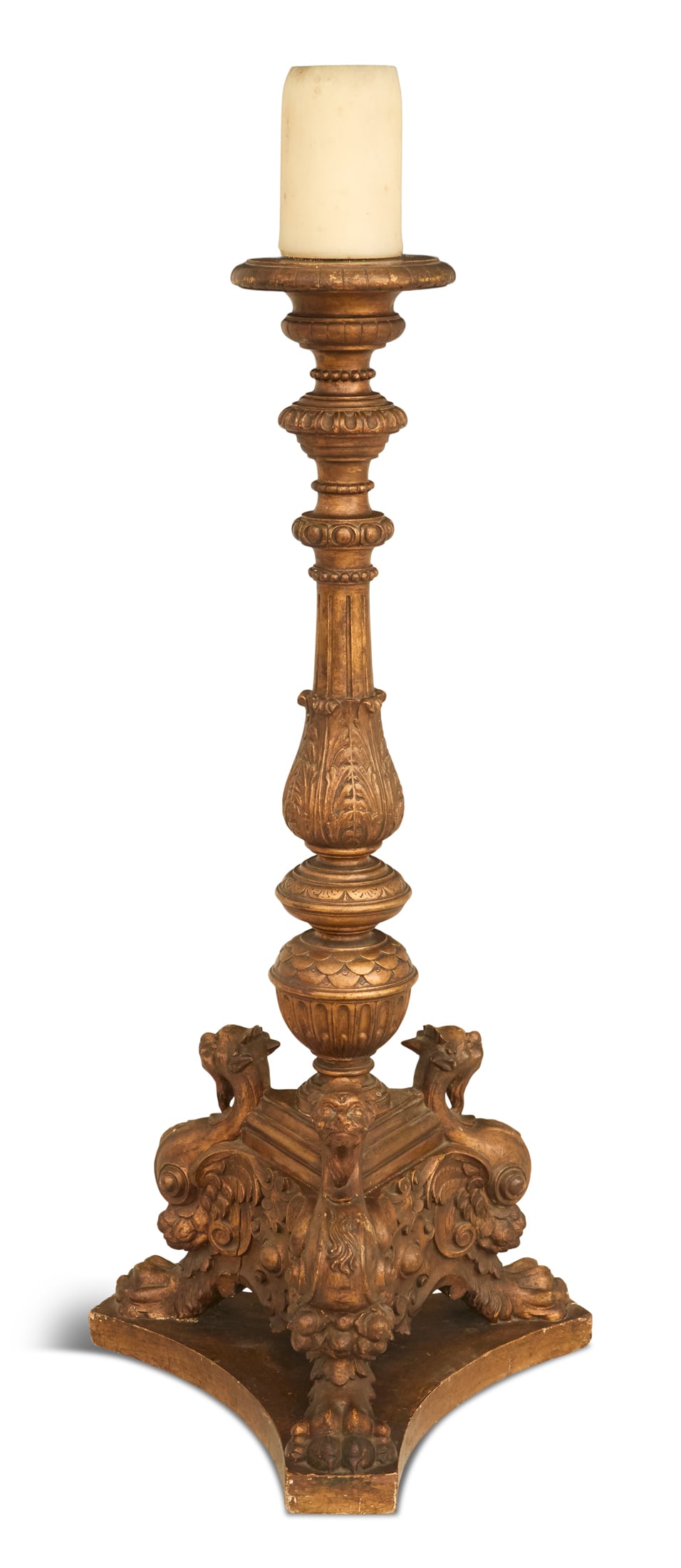 Monumental Italian Neoclassical Altar Stick: Monumental Italian Neoclassical Altar Stickfourth quarter 19th century, the giltwood altar stick with a pricket candle support, on a vasiform, fluted standard carved with acanthus leaves, raised on a
