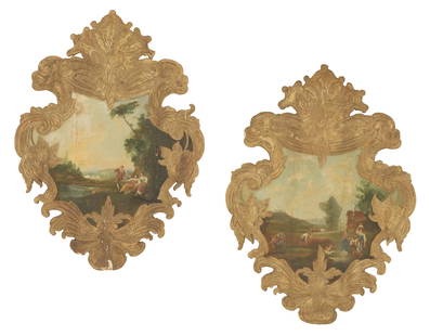 Pair of Painted Panels in the Baroque Taste: Pair of Painted Panels in the Baroque Taste19th century, the shield-form plaques with bas-relief-carved giltwood surrounds, decorated with scrollwork, leaves and flowers, framing Arcadian landscapes w