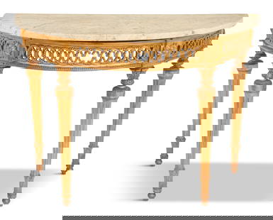 Louis XVI Giltwood and Marble-Top Console Table: Louis XVI Giltwood and Marble-Top Console Table18th century, of demilune form, the white-and-gray-veined marble top over a pierced frieze with beaded trim, raised on turned and fluted circular legs.h.