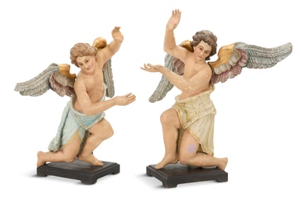 Pair of Italian Carved and Painted Wooden Angels