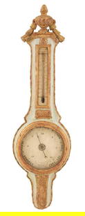 Italian Rococo Parcel-Gilt Thermometer: Italian Rococo Painted and Parcel-Gilt Wooden Thermometer18th century, the cone-form finial accented with bellflower swags over the gilt-lined thermometer, on a pale blue-green ground, the lower porti