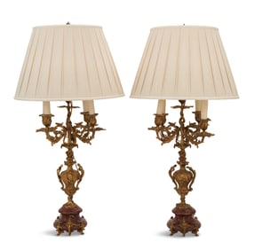 Pair of Belle Epoque Bronze and Marble Lamps