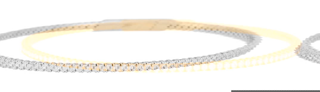 Diamond Bangle Bracelet: Diamond Bangle Bracelet14k yellow gold, the bracelet mounted with round brilliant-cut diamonds weighing approximately 1.50 carats in total.inside circumference 6-1/2", total weight 4.8 grams