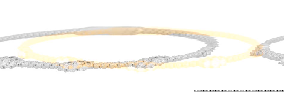 Diamond Bangle Bracelet: Diamond Bangle Bracelet 14k yellow gold, the bracelet mounted with round brilliant-cut diamonds weighing approximately 0.70 carats in total. inside circumference 6-3/4", total weight 5.3 grams